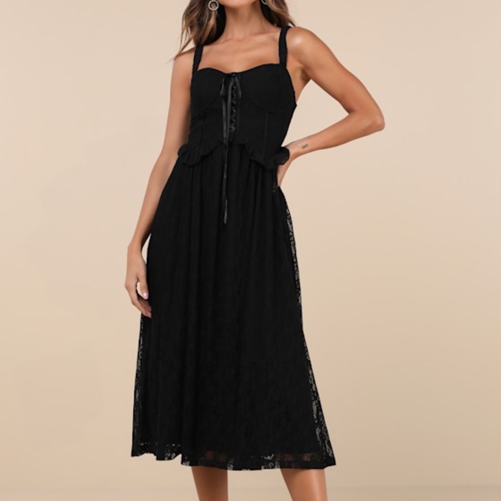 Lulus Romantic Black Lace Sleeveless Lace-up Corset Midi Dress - Size M